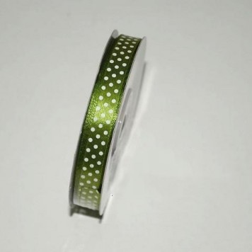 Bd.saten cu buline 1cmx25y verde muschi inchis/alb